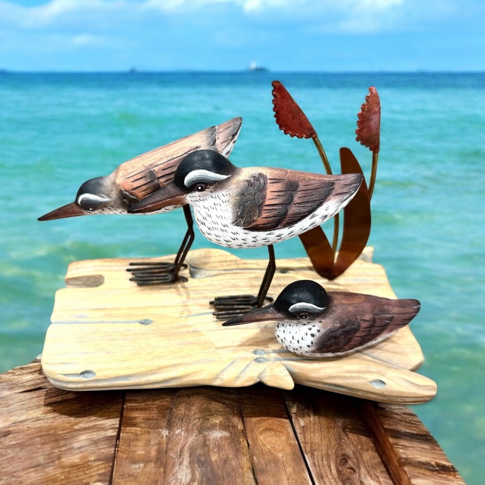 Folk Art Shore Birds Hand Painted Wooden Sculpture